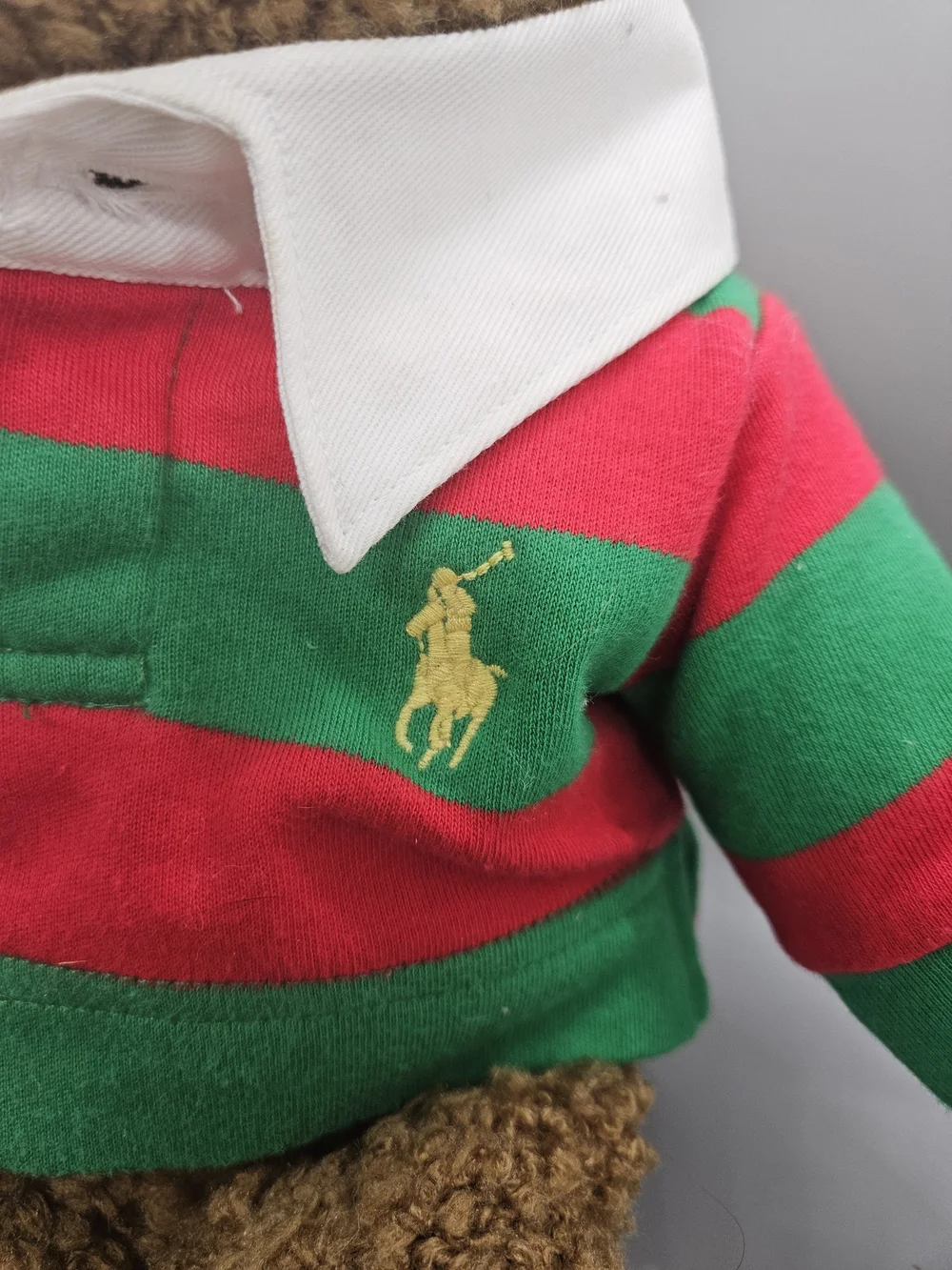 2005 Ralph Lauren Teddy Bear Plush Green Red Rugby Stripe Polo Shirt 14